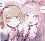  2girls :d blush_stickers bow chain chained collar danganronpa_(series) danganronpa_another_episode:_ultra_despair_girls fake_horns hair_bow hairband hands_up heart highres holding holding_chain horns jacket long_hair long_sleeves looking_at_viewer lower_teeth_only metal_collar multiple_girls musical_note naruse_(nal1525) open_clothes open_mouth pink_eyes pink_hair polka_dot polka_dot_bow portrait shirt short_hair smile speech_bubble spoken_musical_note teeth towa_monaca twintails utsugi_kotoko v 