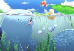  bubble caustics cloud commentary flower highres lake lotus lotus_leaf magikarp no_humans partially_underwater_shot plant pokemon pokemon_(creature) poliwag psyduck quagsire smile submerged swimming tatsumi_(panneko) water wooper 