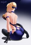  1girl arm_strap artoria_pendragon_(alter_swimsuit_rider)_(fate) artoria_pendragon_(fate) ass back backless_dress backless_outfit bare_shoulders black_gloves black_pantyhose blonde_hair blue_dress bow braid burger clothing_cutout dress facing_away fate/grand_order fate_(series) food french_braid from_behind full_body gloves gradient_background hair_bow hand_up holding holding_food leaning_to_the_side no_shoes panty_straps pantyhose signature sitting soles solo zealyush 
