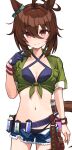  1girl agnes_tachyon_(lunatic_lab)_(umamusume) agnes_tachyon_(umamusume) ahoge animal_ears arm_at_side belt bikini bikini_under_clothes black_bikini black_gloves blush breasts brown_hair cleavage closed_mouth cowboy_shot criss-cross_halter cutoffs denim denim_shorts gloves green_jacket hair_between_eyes halterneck hand_up highres horse_ears horse_girl horse_tail jacket kii-kun_(agnes_tachyon)_(umamusume) kuronosu_(yamada1230) navel pouch red_eyes short_hair shorts simple_background single_glove small_breasts smile solo swimsuit tail tied_jacket umamusume white_background wristband 