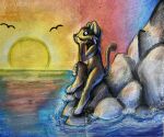  ambiguous_gender avian bird canid canine canis evening felide furry hi_res hyprid mammal red_sky rock sea shirika_(artist) sky solo solo_fokus sun water wave 