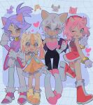  4girls amy_rose animal_ears bare_shoulders bat_ears bat_girl bat_wings blaze_the_cat blonde_hair blue_background blue_eyes blush boots bracelet breasts cat_ears cat_girl child cleavage closed_mouth commentary cream_the_rabbit dress english_commentary female_child full_body gloves gold_bracelet green_eyes hair_between_eyes hairband heart highres holding holding_phone humanization jewelry littlebunniboo long_hair looking_at_viewer multiple_girls one_eye_closed open_mouth orange_dress orange_footwear pants phone ponytail purple_hair rabbit_ears rabbit_girl red_dress red_footwear rouge_the_bat shoes short_hair simple_background smile sonic_(series) standing v white_gloves white_hair white_pants wings yellow_eyes 