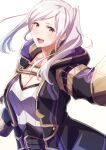  1girl :d absurdres black_coat breasts cleavage coat fire_emblem fire_emblem_awakening highres hood hood_down hooded_coat long_sleeves looking_at_viewer open_clothes open_coat open_mouth robin_(female)_(fire_emblem) robin_(fire_emblem) smile solo to_(tototo_tk) twintails white_background white_hair 