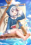  1girl :d absurdres animal_hood arm_up barefoot blue_eyes blue_hair blue_hoodie blue_sky blurry blurry_foreground cloud commentary_request day depth_of_field drawstring feet fins fish_tail gawr_gura gawr_gura_(1st_costume) grey_hair highres hololive hololive_english hood hood_down hoodie long_hair long_sleeves looking_at_viewer multicolored_hair muwa12 outdoors raft shark_hood shark_tail sharp_teeth sky smile soles solo streaked_hair tail teeth toes virtual_youtuber water water_drop wide_sleeves 
