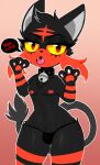  absurd_res anthro black_body black_fur clothed clothing collar digital_media_(artwork) domestic_cat felid feline felis fur gaiki generation_7_pokemon genitals girly hi_res litten looking_at_viewer male mammal nintendo nipples open_mouth penis pokemon pokemon_(species) red_body red_fur simple_background small_penis solo thick_thighs wide_hips 