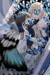  2boys :d aura blue_background blue_butterfly blue_eyes boy_on_top bug butterfly claws cloak coffin covered_mouth crack dark_aura diamond_hairband dragonfly_wings dual_persona fate/grand_order fate_(series) feet_out_of_frame fur-trimmed_cloak fur_trim grey_hair hair_between_eyes hand_on_another&#039;s_neck highres holding_another&#039;s_wrist insect_wings layered_clothes light_particles long_sleeves looking_at_another male_focus medium_hair multiple_boys oberon_(fate) oberon_(third_ascension)_(fate) robe rope_belt shards shirt smile spoilers uncleko5 white_cloak white_hair white_robe white_shirt wide-eyed wings 