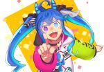  1girl @_@ ahoge animal_ears blue_eyes blue_hair coat heterochromia horse_ears horse_girl long_hair long_sleeves looking_at_viewer multicolored_coat multicolored_hair open_mouth original_race_uniform_(umamusume) purple_eyes sharp_teeth siroe-kuroe smile solo teeth twin_turbo_(umamusume) twintails umamusume 