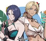  bare_shoulders bikini blonde_hair blue_eyes blue_hair catherine_(fire_emblem) cm_lynarc commentary_request cup drinking_glass drinking_straw fire_emblem fire_emblem:_three_houses fire_emblem_heroes highres holding holding_cup looking_at_viewer midriff navel purple_eyes shamir_nevrand shirt short_hair sketch stomach swimsuit tied_shirt upper_body white_bikini white_shirt 