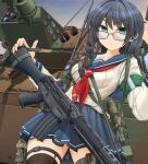  1girl assault_rifle black_hair blue_sailor_collar blue_skirt braid breasts brown_thighhighs closed_mouth collarbone commentary_request glasses green_eyes gun hair_between_eyes highres howa_type_89 long_hair long_sleeves looking_at_viewer medium_breasts mikeran_(mikelan) neckerchief original pleated_skirt red-framed_eyewear red_neckerchief rifle sailor_collar shirt skirt solo thighhighs v-shaped_eyebrows vehicle_request weapon weapon_request white_shirt 