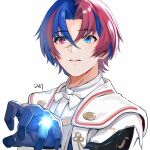  1boy alear_(fire_emblem) alear_(male)_(fire_emblem) blue_eyes blue_hair da-cart fire_emblem fire_emblem_engage gloves hair_between_eyes heterochromia highres jewelry looking_at_viewer multicolored_hair open_mouth red_eyes red_hair ring short_hair solo two-tone_hair white_background 