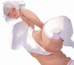  1girl anus anus_peek aqua_eyes bare_arms bare_shoulders blush breasts gundam gundam_suisei_no_majo highleg highleg_leotard highres kurowa large_breasts leotard open_mouth partially_visible_vulva secelia_dote short_hair simple_background smile thick_thighs thighhighs thighs white_background white_hair white_leotard white_thighhighs 