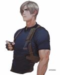  1boy artbyshinji artist_name biceps black_gloves black_shirt blue_eyes brown_hair curtained_hair dagger english_commentary fingerless_gloves gloves highres holster knife knife_holster leon_s._kennedy male_focus muscular muscular_male resident_evil resident_evil_4 resident_evil_4_(remake) shirt short_hair shoulder_holster solo t-shirt thick_eyebrows weapon 