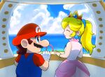  1boy 1girl blonde_hair blue_eyes blue_overalls closed_eyes crown dress earrings facial_hair gloves hat hoshi_(star-name2000) jewelry mario mario_(series) mustache overalls pink_dress ponytail princess_peach red_headwear red_shirt shirt short_sleeves sky sleeveless sleeveless_dress super_mario_sunshine 