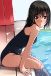  1girl arm_support bare_shoulders black_hair black_one-piece_swimsuit blush breasts from_side highres leaning_forward looking_at_viewer matsunaga_kouyou medium_hair one-piece_swimsuit original pool poolside school_swimsuit sitting small_breasts soaking_feet solo swimsuit wet wet_clothes wet_hair wet_swimsuit 