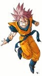  1boy blue_footwear boots bracelet clenched_hand dragon_ball dragon_ball_super highres jewelry jumpsuit kakeru_(dbskakeru) orange_jumpsuit pink_hair red_eyes simple_background sleeveless solo son_goku spiked_hair super_saiyan super_saiyan_god toriyama_akira_(style) white_background 