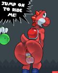  anthro anus avioylin ball_ring big_butt butt dinosaur duo girly hi_res looking_at_viewer male mario_bros nintendo open_mouth rear_view reptile scalie shell simple_background surprise text thick_thighs wide_eyed yoshi yoshi_(character) 