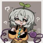  1girl ? ?? @_@ blush border cowboy_shot drooling frilled_sleeves frills green_eyes grey_background heart highres komeiji_koishi light_green_hair long_sleeves nose_blush open_mouth plant_on_head solo sweatdrop sweater third_eye touhou white_border yellow_sweater zunusama 