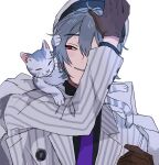  1boy animal_on_shoulder black_shirt brown_gloves cat cat_on_shoulder coat collared_shirt facing_viewer gloves grey_coat grey_hair hat highres juunn_(naruto62) looking_at_animal looking_to_the_side mahoutsukai_no_yakusoku male_focus necktie owen_(mahoutsukai_no_yakusoku) purple_necktie red_eyes shirt short_hair smile solo striped_coat teeth white_background white_coat white_headwear 