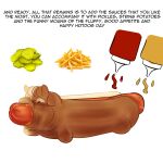  ambiguous_gender english_text feral fluffy_pony fluffy_pony_(species) food fries hi_res hot_dog hot_dog_bun inshi ketchup mustard pickles simple_background solo text white_background 