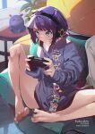  1girl barefoot blue_eyes blunt_bangs blush controller game_controller headphones holding holding_controller holding_game_controller hololive hololive_english hood ninomae_ina&#039;nis ninomae_ina&#039;nis_(5th_costume) official_alternate_costume pixie_cut pointy_ears purple_hair shirt short_hair short_shorts shorts solo sydus t-shirt takodachi_(ninomae_ina&#039;nis) thighs virtual_youtuber white_shirt 