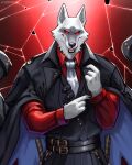  7theaven absurd_res anthro belt black_sclera canid canine canis claws clothing coat_cape death_(puss_in_boots) fur hi_res male mammal necktie red_clothing red_eyes red_shirt red_topwear shirt solo topwear white_body white_fur white_necktie wolf 