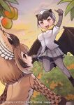  2girls absurdres animal_ears bat_ears bat_girl bat_wings bird_girl bird_wings black_footwear black_hair boots brown_coat brown_hair coat daito_fruit_bat_(kemono_friends) elbow_gloves eurasian_eagle_owl_(kemono_friends) extra_ears fang food fruit fur_collar gloves glowing glowing_eyes grey_gloves grey_hair grey_pantyhose grey_skirt grey_sweater head_wings highres kemono_friends kemono_friends_3 multicolored_hair multiple_girls official_art open_mouth orange_eyes owl_ears owl_girl pantyhose pleated_skirt puffy_short_sleeves puffy_sleeves red_eyes short_hair short_sleeves skirt sunayama_sunaco sweater two-tone_hair white_hair wings yellow_fur 