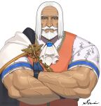  1boy ascot bara beard black_gloves blue_eyes brooch cape crossed_arms dark-skinned_male dark_skin facial_hair gloves highres jewelry jp_(street_fighter) large_pectorals long_hair looking_at_viewer male_focus mature_male muscular muscular_male mustache old old_man orange_vest parted_hair pectorals print_shirt sa1k0p shirt side_cape solo straight-on street_fighter street_fighter_6 thick_eyebrows thick_mustache upper_body veins vest white_background white_hair 