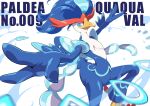  aqua_eyes blurry character_name closed_mouth commentary gamiani_zero highres leg_up looking_to_the_side motion_blur outstretched_arms pokemon pokemon_(creature) quaquaval solo white_background 