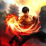  black_pants clenched_hands fei_long fire muscular pagoda pants shouting sky street_fighter yellow_sky 