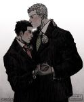  2boys alternate_hairstyle bad_id bad_tumblr_id bara black_hair black_suit blonde_hair blush closed_eyes couple cris_art hand_on_another&#039;s_neck happy height_difference holding_hands hulkling husband_and_husband kiss kissing_forehead long_sideburns male_focus marvel multiple_boys muted_color necktie red_necktie short_hair sideburns sideburns_stubble spot_color suit thick_eyebrows undershirt upper_body wiccan yaoi 