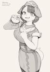  anthro big_breasts breasts burger canid canine canis clothing domestic_dog female food hair hat headgear headwear hi_res honeycalamari looking_at_viewer mammal monochrome open_mouth signature simple_background smile solo standing tail text uniform 