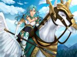  1girl aqua_hair armor bare_shoulders blue_sky boots braid breastplate breasts chloe_(fire_emblem) cleavage cloud commentary day elbow_gloves fire_emblem fire_emblem_engage gloves green_eyes highres holding holding_polearm holding_weapon long_hair looking_at_viewer medium_breasts pauldrons pegasus polearm riding schereas shoulder_armor sky smile solo spear very_long_hair weapon white_footwear white_gloves 