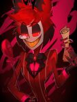  1boy 55mo3 alastor_(hazbin_hotel) blood blood_splatter bow bowtie brooch cane colored_sclera contract demon demon_boy formal grin hazbin_hotel highres holding holding_cane jacket jewelry male_focus monocle paper red_background red_eyes red_hair red_sclera red_theme sharp_teeth simple_background smile splatter_background suit teeth yellow_teeth 