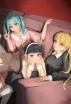  3girls absurdres aqua_hair bangs black_dress black_hair blonde_hair brown_dress closed_mouth couch dress expressionless gradient_background green_eyes green_ribbon hachikuji_mayoi hair_ribbon hairband hands_on_own_cheeks hands_on_own_face head_rest highres hikimayu light_blush light_smile long_hair long_sleeves looking_at_viewer lying lying_on_person monogatari_(series) multiple_girls nemo_ringo no_headwear on_couch on_stomach ononoki_yotsugi oshino_shinobu pantyhose pink_dress pointy_ears red_background red_eyes ribbon short_eyebrows short_sleeves sidelocks sitting smile thick_eyebrows twintails v white_hairband white_pantyhose wide_sleeves yellow_eyes 