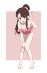  1girl :d absurdres arikindows10 barefoot bikini breasts brown_hair cleavage commission hand_up highres kagari_atsuko leaning_forward little_witch_academia long_hair looking_at_viewer open_mouth pink_bikini pixiv_commission red_eyes short_ponytail single_sidelock small_breasts smile solo swimsuit v 