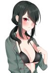  1girl bikini black_bikini black_hair blush breasts cleavage closed_mouth collarbone green_jacket hair_over_one_eye highres jacket kantai_collection kumano_maru_(kancolle) long_hair long_sleeves looking_at_viewer red_eyes simple_background solo swimsuit upper_body white_background yomogi_dango 