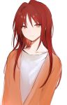  1girl closed_mouth collarbone hair_between_eyes jacket long_hair looking_at_viewer lpip open_clothes open_jacket orange_jacket original red_eyes red_hair shirt simple_background smile solo upper_body very_long_hair white_background white_shirt 