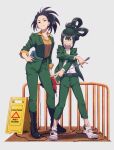  2girls akiyama_(noconoco) asui_tsuyu belt belt_buckle belt_pouch black_footwear black_hair blue_belt boku_no_hero_academia boots breasts buckle cable closed_mouth collarbone collared_shirt commentary_request contrapposto cross-laced_footwear dress_shirt green_belt green_eyes green_hair green_jacket green_pants grey_eyes hair_between_eyes hair_bun hair_rings hand_on_own_hip high_heel_boots high_heels holding holding_wrench jacket lace-up_boots lapels long_sleeves looking_at_viewer medium_breasts multiple_girls open_clothes open_jacket orange_shirt pants ponytail pouch railing sandals shirt shirt_tucked_in sidelocks simple_background single_hair_bun sleeves_rolled_up smile standing wet_floor_sign white_background white_footwear white_shirt wrench yaoyorozu_momo 