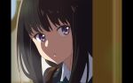  1girl black_hair blue_dress commentary_request dress ginnouchi inoue_takina long_hair lycoris_recoil lycoris_uniform microsoft_powerpoint_(medium) parted_lips partial_commentary peeking_out pillarboxed purple_eyes solo 