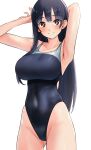  1girl arm_behind_head armpits arms_up ass_visible_through_thighs black_hair black_one-piece_swimsuit blush boku_no_kokoro_no_yabai_yatsu breasts bright_pupils brown_eyes closed_mouth commentary_request commission competition_swimsuit covered_navel groin highleg highleg_swimsuit highres large_breasts long_hair looking_at_viewer mole mole_on_neck one-piece_swimsuit pixiv_commission simple_background smile solo split_mouth swimsuit taut_clothes taut_swimsuit very_long_hair white_background white_pupils yamada_anna yoo_tenchi 