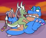  2023 2_horns 3_toes amulet anthro anthro_on_anthro anthro_penetrated anthro_penetrating anthro_penetrating_anthro backsack balls big_balls blue_body blue_scales blush clenched_teeth dragon duo erection feet female female_penetrated from_front_position genitals green_body green_scales grey_balls grey_body grey_horn grey_scales horn larger_anthro larger_female larger_penetrated lying male male/female male_penetrating male_penetrating_female missionary_position on_back orange_body orange_scales penetration penis pink_penis pupils purple_eyes purple_pupils red_eyes reptile rhynoc scales scalie sex sharp_teeth size_difference smaller_anthro smaller_male sorceress_(spyro) teeth thick_thighs toes ultilix vaginal vaginal_penetration wing_claws 