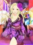  1girl blonde_hair breasts cleavage fireworks floral_print flower food_stand hair_flower hair_ornament holding_fireworks japanese_clothes ketchup_bottle kimono lace_trim large_breasts long_hair looking_at_viewer market_stall mole mole_under_mouth mustard_bottle night obi official_art open_mouth package print_kimono purple_flower purple_kimono rainbow red_eyes sash senran_kagura senran_kagura_shinovi_versus shiki_(senran_kagura) solo summer_festival sun teeth tongue tree upper_teeth_only yaegashi_nan 