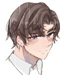  +_+ 1boy artem_wing_(tears_of_themis) blue_eyes brown_hair closed_mouth collared_shirt commentary_request highres looking_at_viewer male_focus parted_bangs portrait rain shink_1004 shirt simple_background smile solo tears_of_themis thick_eyebrows white_background white_shirt 