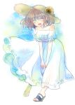  arle_nadja blush brown_hair dress flower full_body hat hat_flower looking_at_viewer madou_monogatari open_clothes puyopuyo ri25to solo standing straw_hat sunflower white_dress yellow_eyes 