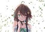  1girl ahoge backlighting black_choker blue_hair blue_overalls braid brown_eyes brown_hair choker colored_inner_hair cross-shaped_pupils falling_leaves frown green_eyes green_ribbon hair_between_eyes hair_flaps hair_ornament hand_up heterochromia highres indie_virtual_youtuber leaf looking_at_viewer lord_half medium_hair meica_(vtuber) mismatched_pupils multicolored_hair off-shoulder_shirt off_shoulder overalls ribbon saikako shirt single_braid smile sprout-shaped_pupils star_(symbol) star_hair_ornament swept_bangs symbol-shaped_pupils two-tone_hair upper_body virtual_youtuber white_background white_shirt 