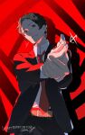  1boy adachi_tooru belt black_jacket black_pants btmr_game closed_mouth collared_shirt finger_gun highres jacket long_sleeves looking_at_viewer male_focus necktie open_clothes open_jacket pants persona persona_4 shirt signature solo twitter_username white_shirt 
