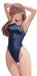  1girl armpits arms_behind_head ass_visible_through_thighs blue_eyes blue_one-piece_swimsuit blunt_bangs breasts brown_hair competition_school_swimsuit dead_or_alive hairband highres hitomi_(doa) long_hair looking_at_viewer medium_breasts one-piece_swimsuit pink_hairband popo_agaga school_swimsuit simple_background smile solo swimsuit thigh_gap white_background 