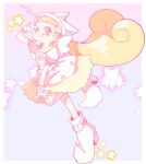  1girl blonde_hair blush boots border commentary dress earrings english_commentary full_body gloves hand_up hat high_heels highres jewelry knee_boots lisuchi long_hair looking_at_viewer low_twintails magical_girl makihatayama_hana ojamajo_doremi pointy_footwear puffy_short_sleeves puffy_sleeves short_sleeves smile solo standing standing_on_one_leg star_(symbol) tongue tongue_out twintails v_over_eye very_long_hair white_border white_dress white_footwear white_gloves white_headwear white_wings wing_hair_ornament wings 