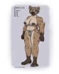  2023 absurd_res anthro arm_scar brown_body brown_eyes brown_fur chubby_female colored dark_nipples dipstick_limbs female fur grey_hair hair hi_res hyena leg_scar mammal mature_female messy_hair musclegut muscular navel notched_ear panzerschreckleopard pubes scar solo spotted_hyena 