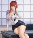  1girl arm_support black_necktie breasts buttons chainsaw_man cleavage collarbone curvy desk flowerxl large_breasts leaning_to_the_side long_sleeves looking_at_viewer makima_(chainsaw_man) medium_hair necktie office office_lady on_desk orange_eyes red_hair shirt sitting sitting_on_desk smile solo thighs undone_necktie white_shirt 